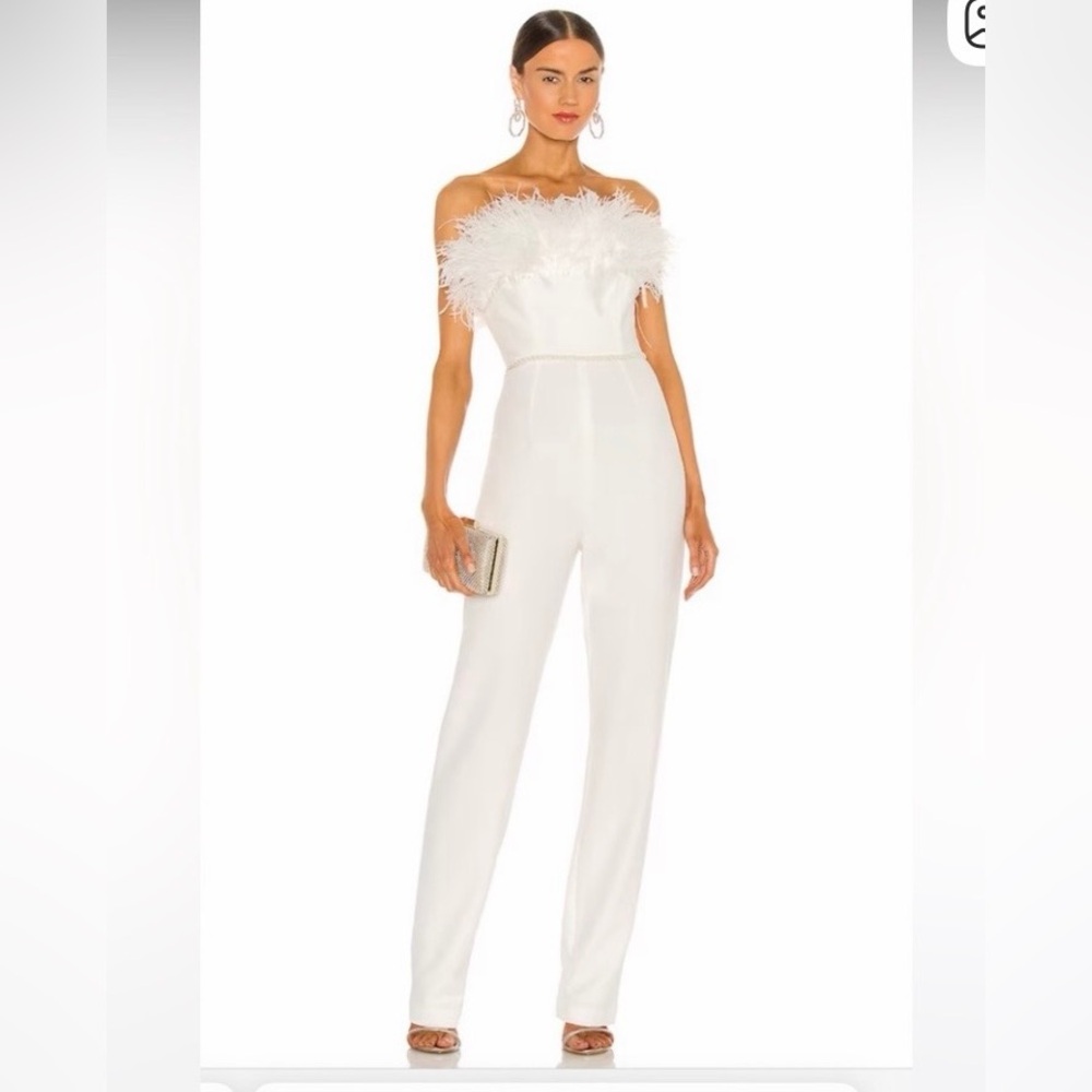 Bronx and Banco Off-Shoulder White Jumpsuit with Feather Accents